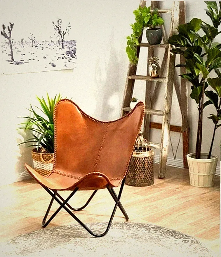 Chair Leather Butterfly Accent Handmade Lounge Vintage Relax Living Room Stand