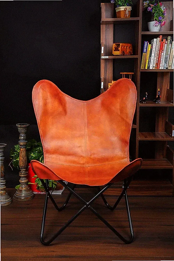 Chair Leather Butterfly Accent Handmade Lounge Vintage Room Living With Stand