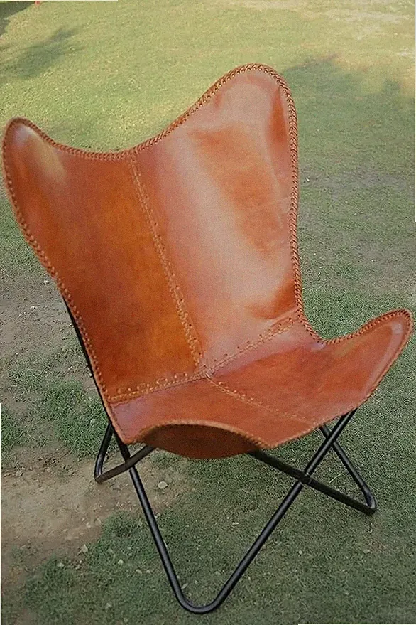 Chair Leather Butterfly Handmade New Living Room Retro Lounge Brown With Stand
