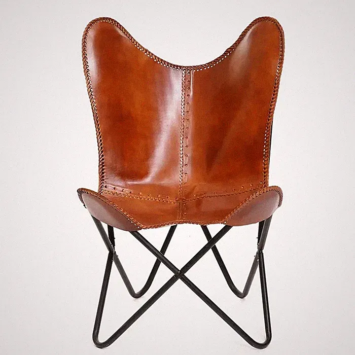 Chair Leather Butterfly Living Room Genuine Vintage Lounge Handmade With Stand