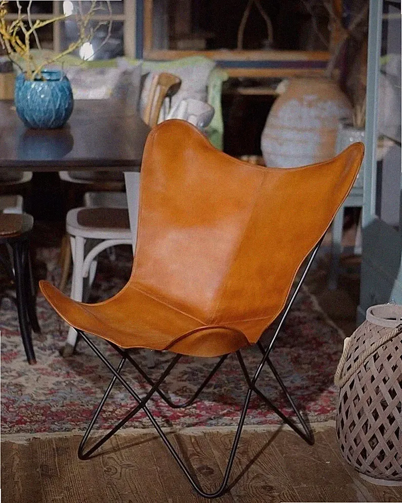 Chair Leather Butterfly Vintage Handmade Quality Lounge Genuine Brown With Stand